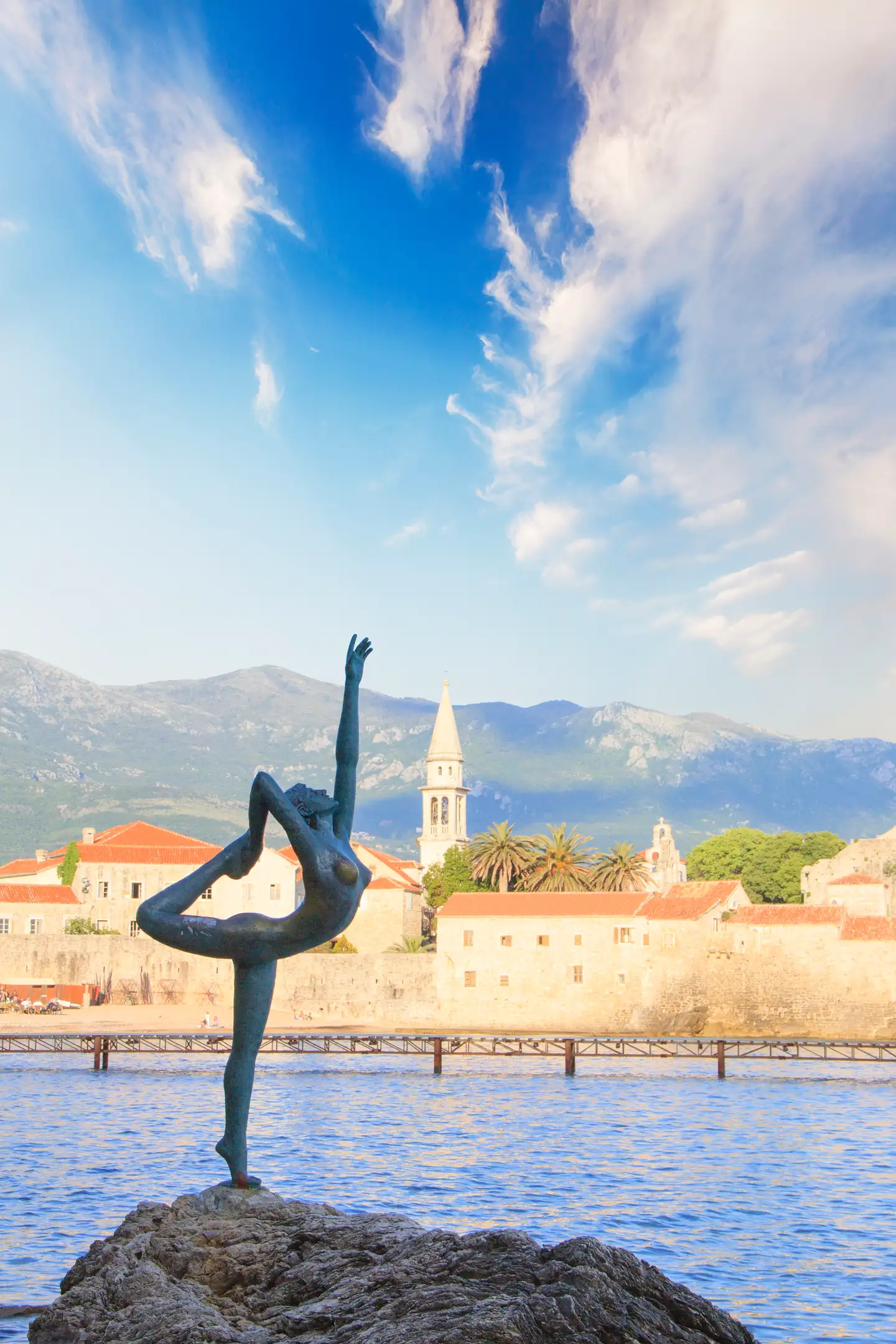 The Dancing Girl (Balerina) statue on the rocks off Budva, Montenegro