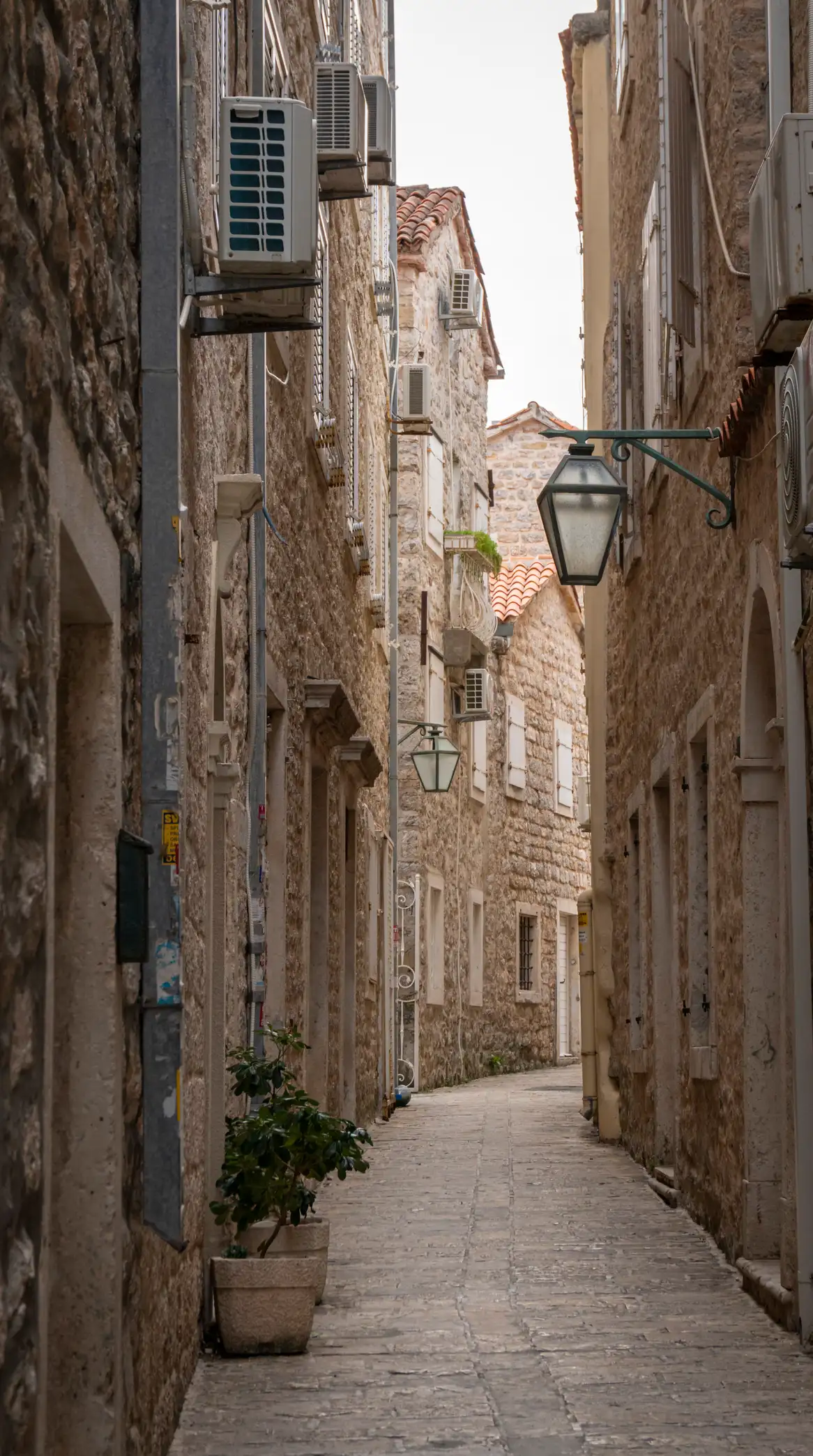 Narrow stone streets inside Budva's Old Town (Stari grad), Montenegro