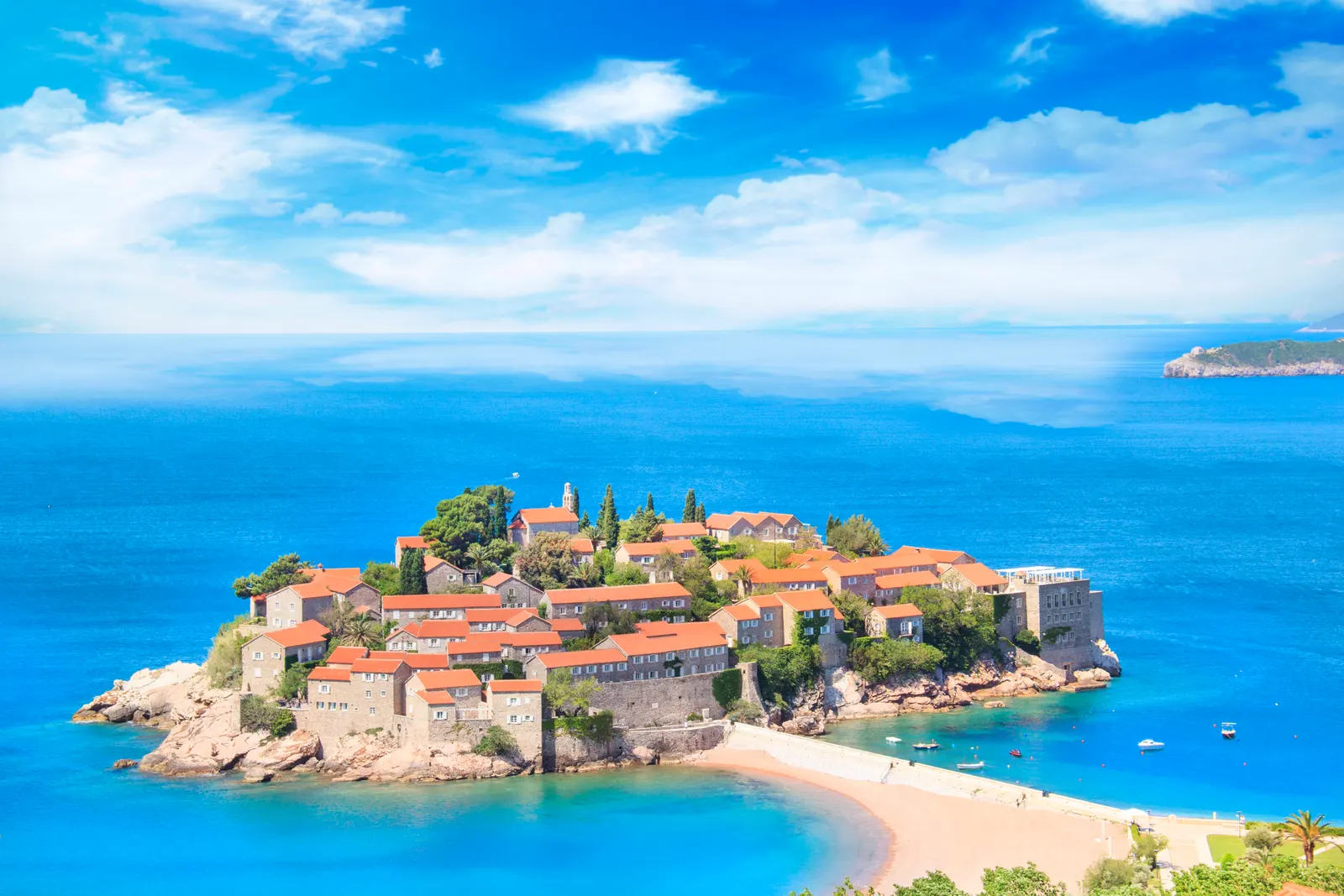 View toward the Sveti Stefan islet from the Budva coastline, Montenegro